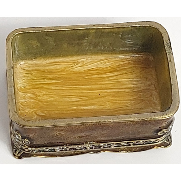 Heirloom Brass Box Enamel Embellished Treasure Trinket Lid Faux Pearl Rhinestone - Picture 6 of 9